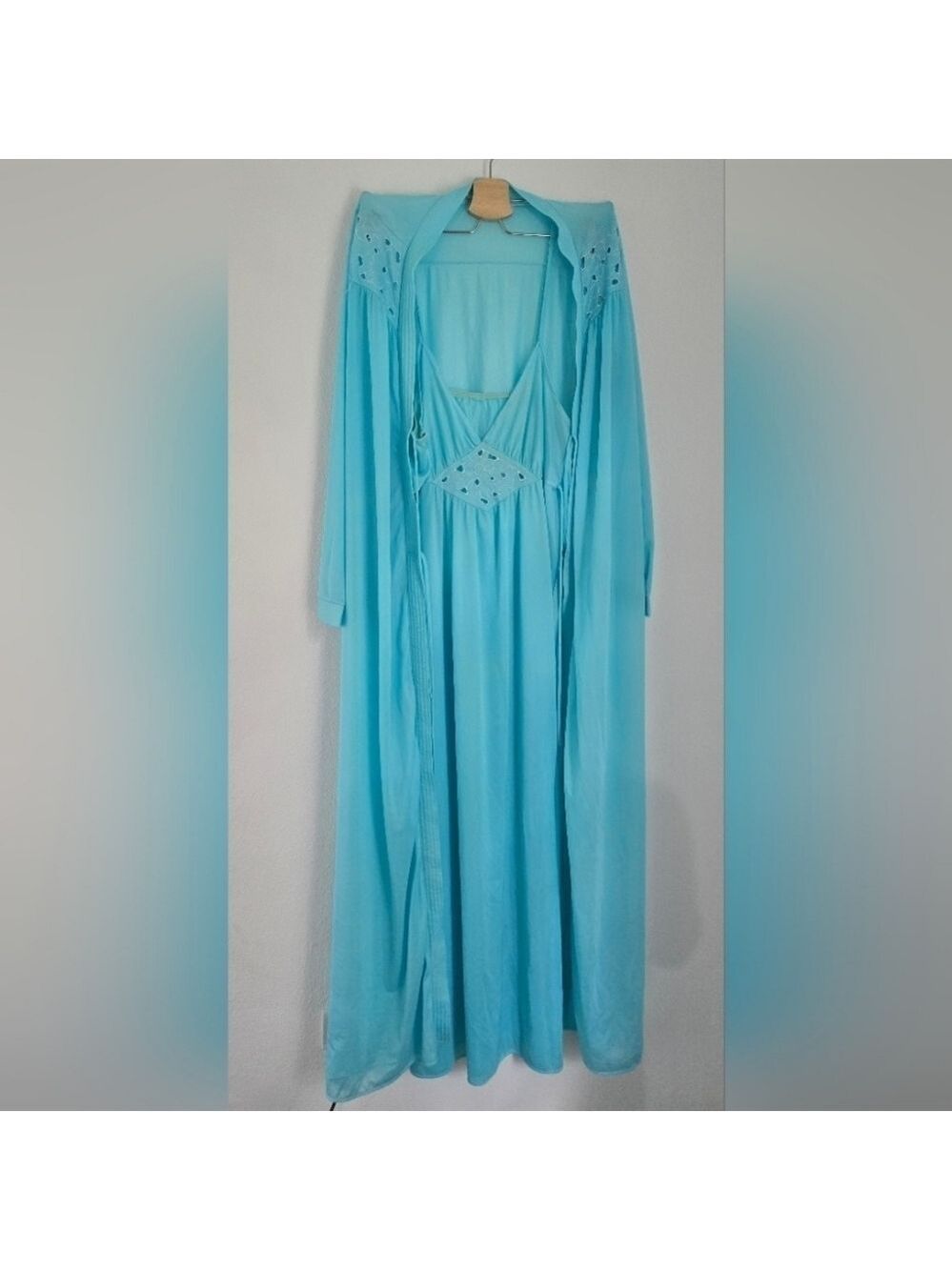 Glencraft Lingerie Vintage Sky Blue Floral Soft Long Nightgown Dress Robe Medium